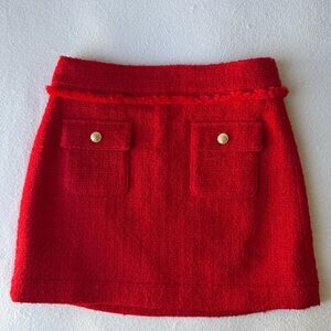 J.Crew Red Tweed Mini Skirt Gold Button Pockets Fringe Trim Classic Parisian